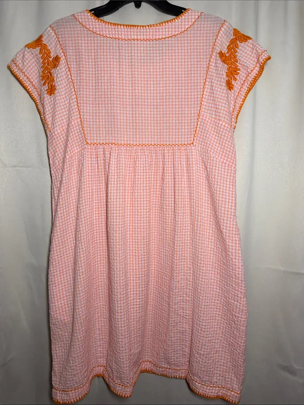 Sister Mary Veronica Pink Orange Checker Gingham Embroidered Floral Mini Dress S - Image 2