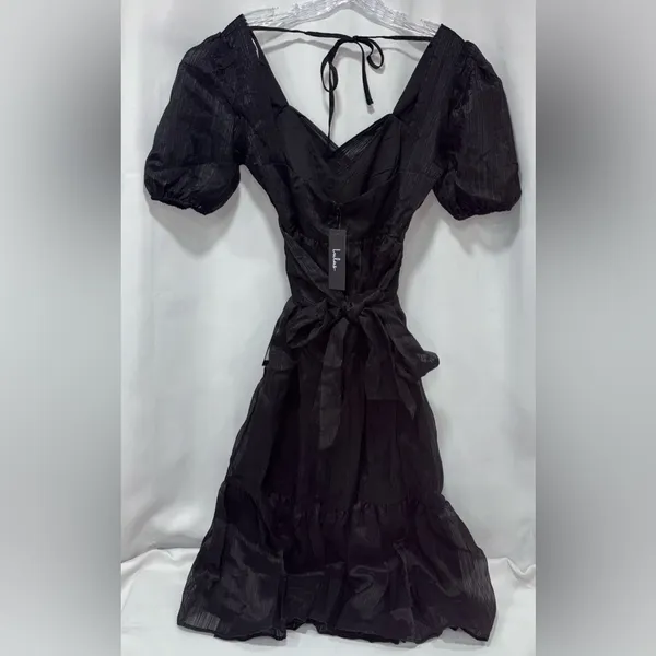 Lulus Celebratory Moment Black Surplice Puff Sleeve Midi Dress - Image 5