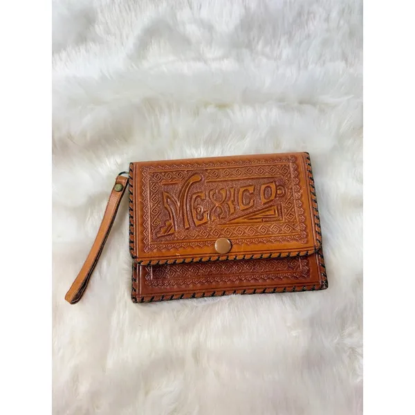 Vintage Tooled Leather Clutch Wallet MEXICO‎ Wrist Strap Brown Snap Closure - Image 2