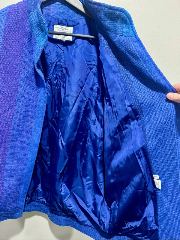 Vtg 80s Avoca Ireland Pure Wool Blue Purple Striped Jacket Unisex M XL⁠ - Image 5