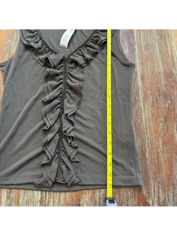 DKNY Olive Green Sleeveless V-Neck Ruffle Blouse Small - Image 7