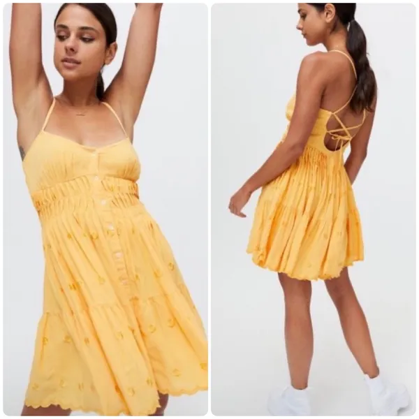 Urban Outfitters Womens Yellow Sandy Boho Embroidered Lace Up Back Mini Dress M - Image 2