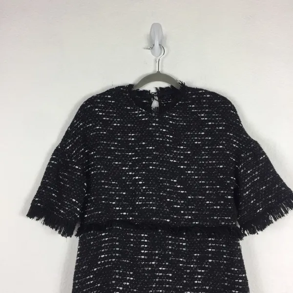 Zara Black Fringe Tweed Textured Knit Wide Sleeve Aline Mini Dress Medium - Image 5