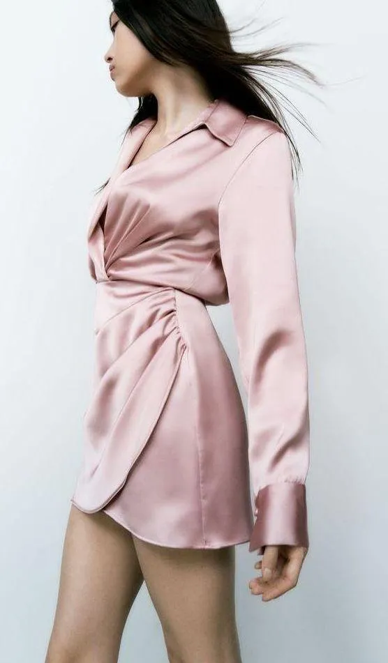 mini dress satin effect drapped long sleeve pink party wedding coctail - Image 7
