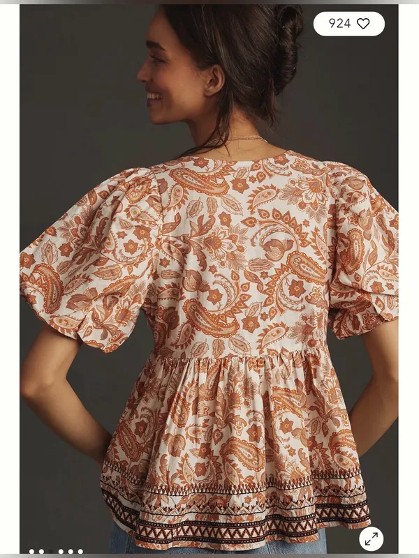 Anthropologie Puff-Sleeve Peasant babydoll Top in Rust Paisley SZ:L - Image 3