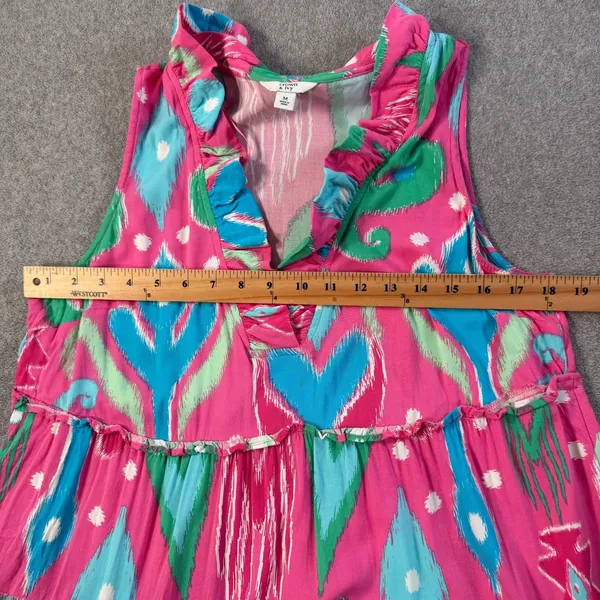 Crown & Ivy Women's Medium Ikat Tiered Ruffle V-Neck Sleeveless Dress Pink Blue - Image 5