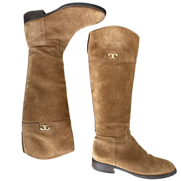 Tory Burch Wembley Suede Riding Boots Tan Tobacco Brown Gold Logo Size 8 - Image 4