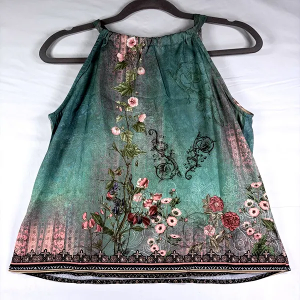 Womens Teal Floral Halter Neck Bow Back Sleeveless‎ Blouse Top Small - Image 2
