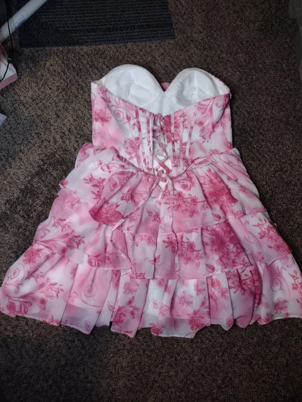 New Floral Pink Chiffon Strapless Tiered A Line Mini Prom Homecoming Formal Gown - Image 7