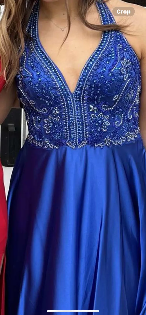 Beaded Silk Prom Dress Blue Size M - Image 4