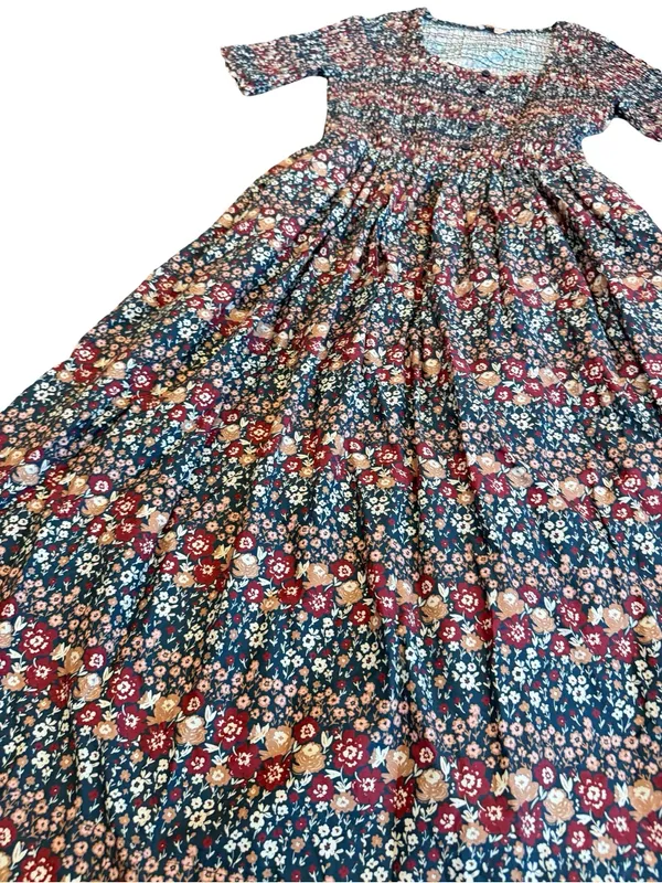 Ivy City Co Navy Burgundy Floral Smocked Midi Dress Boho Chic Day Medium Women's - Image 7