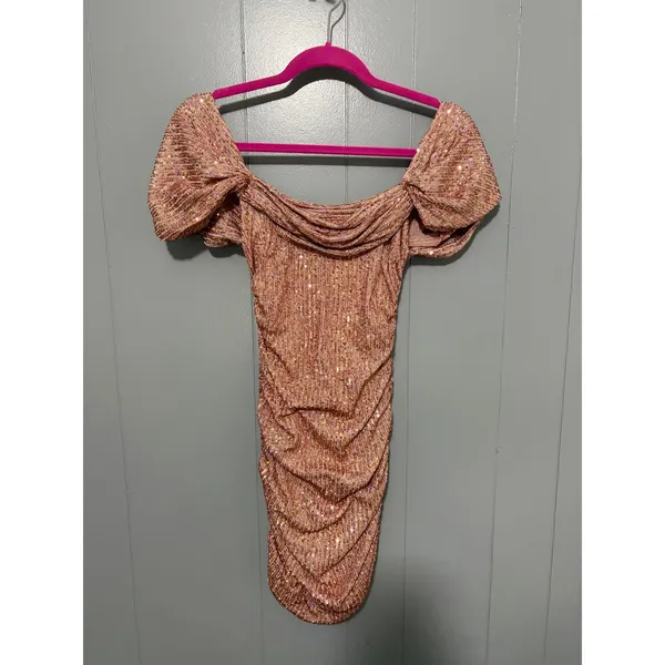 Hello Molly Pink Frequent The Club Sequin Draped Sleeves Ruched Mini Dress 2 - Image 3