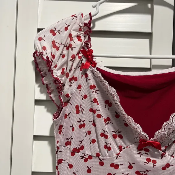 Romwe Coquette girl cherry print mesh lace trim sweetheart neckline dress red white xs - Image 2