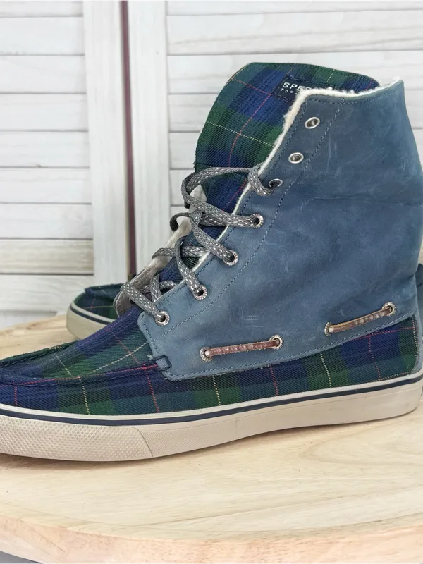 Sperry Tartan Plaid Fleece Lined Fold Over Boots Blue Green Women 11 Preppy - Image 8