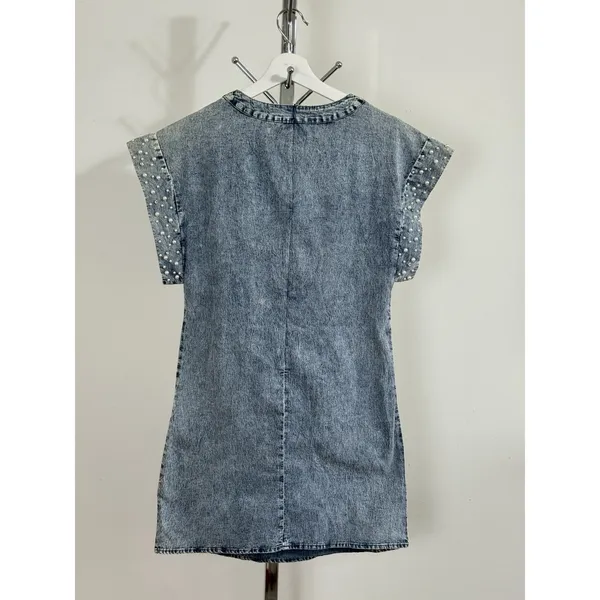 Vintage LALA FACTORY Acid Wash Pearl Beaded Sleeve Denim Mini Shift Dress Size S - Image 5