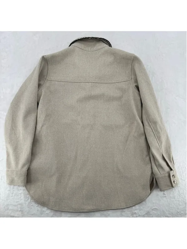 BKE Tan Felt Shacket Black Stitching Western Boho Jacket Button Front Sz Small - Image 3