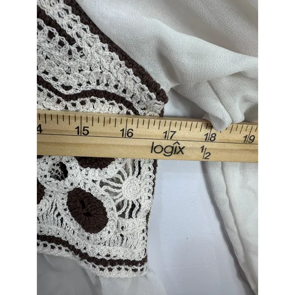 SHEIN Crochet Peasant Top Womens S Cream Brown Puff Sleeve Boho Cottagecore‎ - Image 6