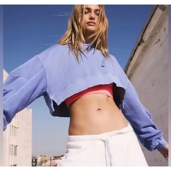 Free‎ People Movement Catch Up Cropped Hoodie Blue Barrel Sleeve Sweater - Image 3