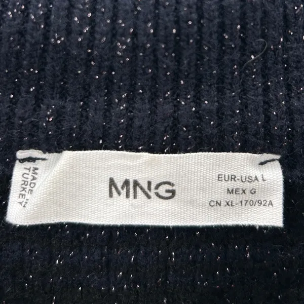 MNG Women Navy Blue‎ Metallic Tweed Knit Fringe Sweater Pullover Top Size Large - Image 5
