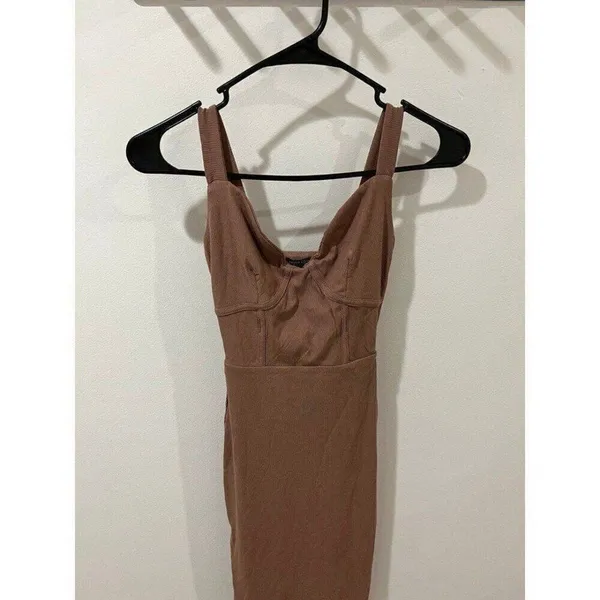 Naked Wardrobe NEW Women XS Brown Faux Bustier Ribbed Hourglass Bodycon Dress - Image 6