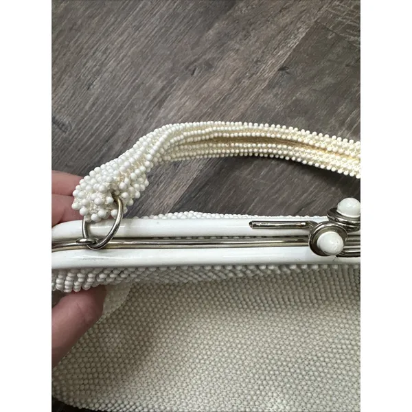 60s Beaded White Handbag Handle Evening Bag Purse USA Two Sided - Image 16