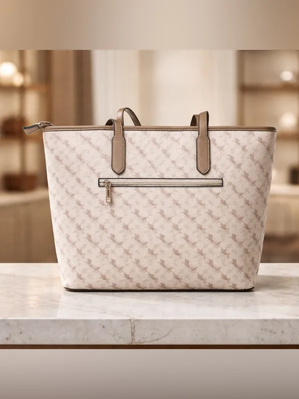 Beige Patterned Tote Bag with Matching Wallet and Strap Tan - Image 3