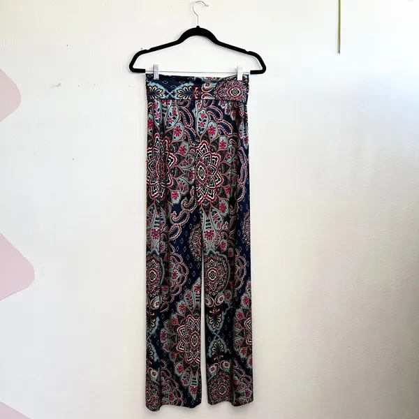 Blue Paisley Palazzo Pants Wide Leg Boho‎ Bohemian Festival Retro Small - Image 2