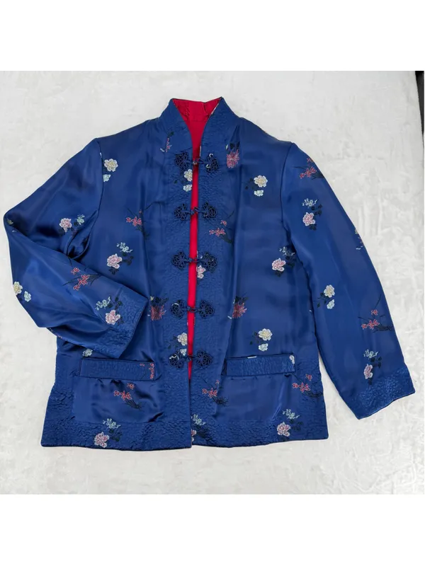 Peony Asian Kimono Jacket REVERSIBLE Blue Floral or Red Shanghai China Vintage L - Image 3