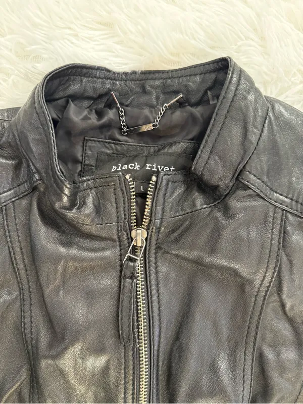 Black Rivet Womens Leather Jacket Size L Black Zip Biker Moto Fitted Outerwear - Image 3