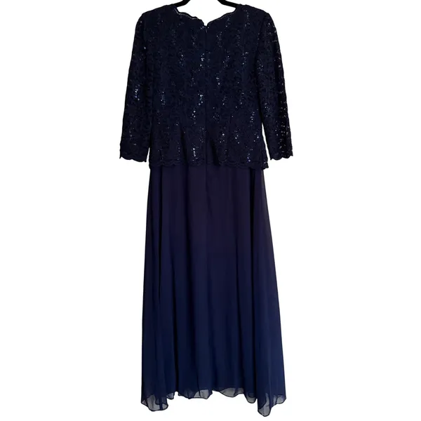 Alex Evenings Navy Blue Lace Sequin 3/4 Sleeve Maxi Dress Sz 6 Mother of Bride‎ - Image 2