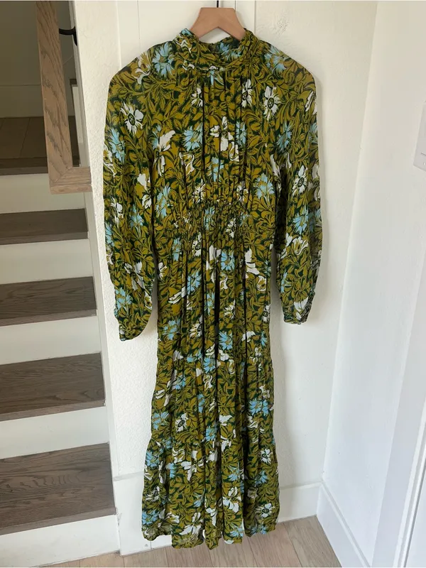 Anthropologie Somerset Long-Sleeve Mock-Neck Chiffon Maxi Dress Green Floral - Image 3
