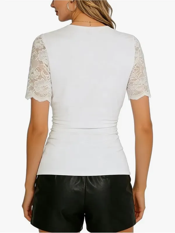 Floral Lace Short Sleeve V Neck Ruched Slim Fit Stretch Blouse Sz Small NWOT - Image 5