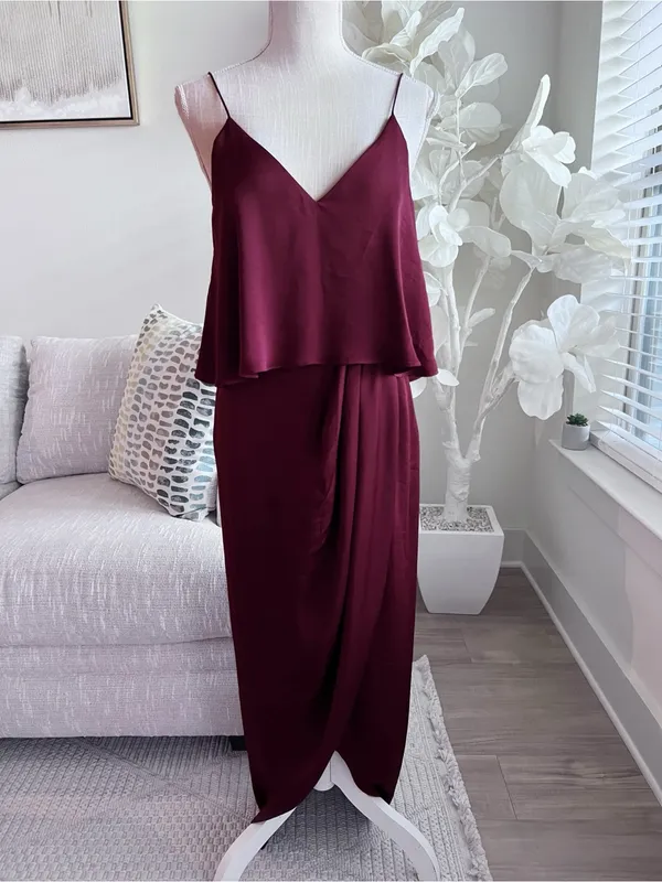 Shona Joy Woman’s Draped Luxe Cocktail Frill Spaghetti Strap Dress in Burgundy 6 - Image 4