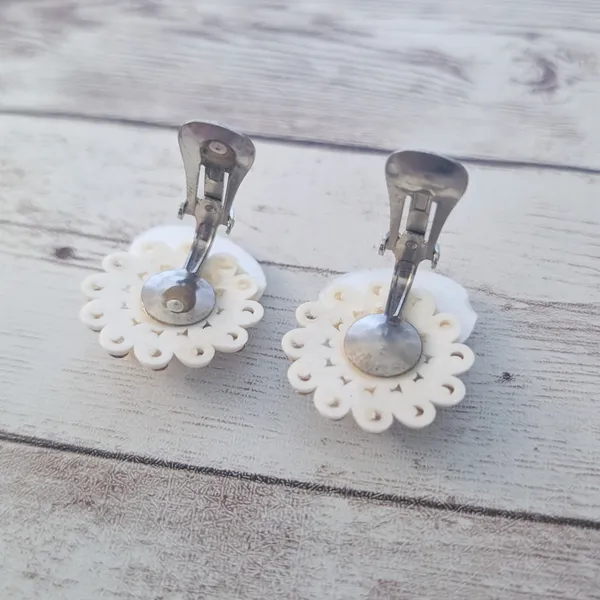 Vintage Clip On Earrings Shell with Faux Pearl & Clear Gems - Image 6