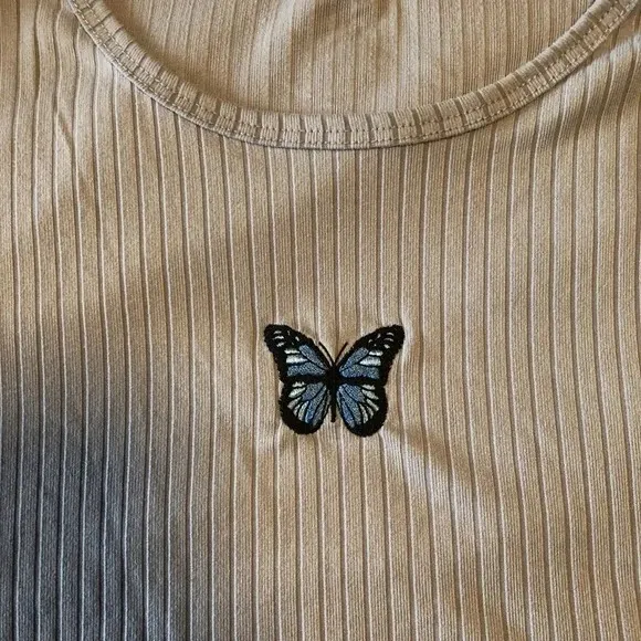 Bluenotes Mauve Ribbed Baby Tee Butterfly Patch Size Small Lettuce Edge 90s y2k - Image 2