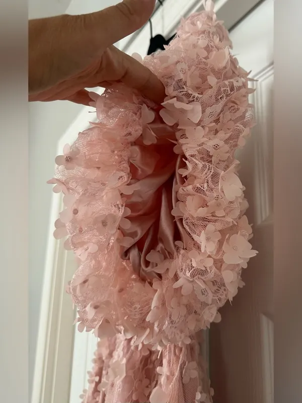 ONE LOVED BABE Wonderstruck Dress Pink 3D Floral Lace Puff Sleeve Midi Large - Image 5