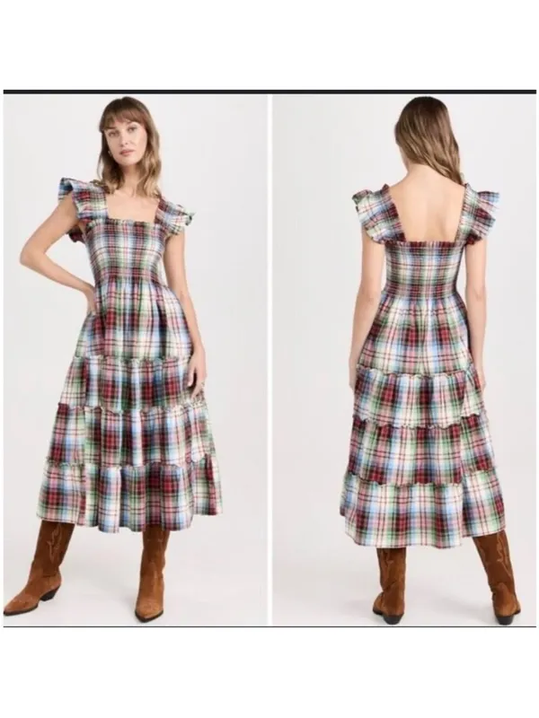 Hill House Ellie Nap Dress in White Multi Tartan Plaid Small NEW - Image 2