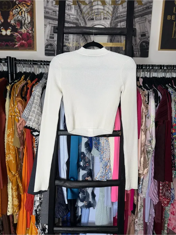 GUIZIO Thermal Knit Tie Top White Long Sleeve Crop Womens Medium Cotton EUC - Image 5