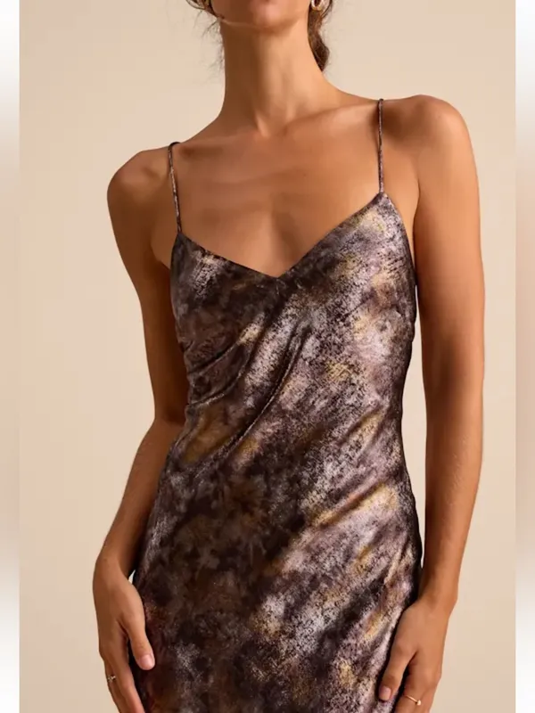 Sheeva Shiny Brown Multi Abstract Satin Lace-Up Maxi Dress - Image 2