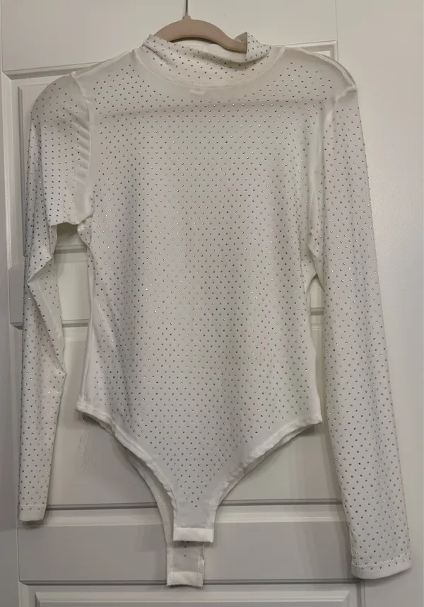 Nylon Apparel White Rhinestone Body Suit - Image 2