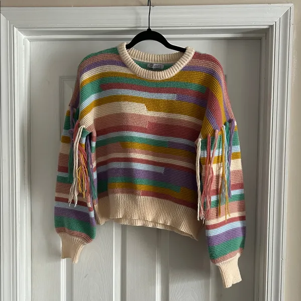 Multicolor Striped Fringe Crewneck Sweater - Women - Image 2