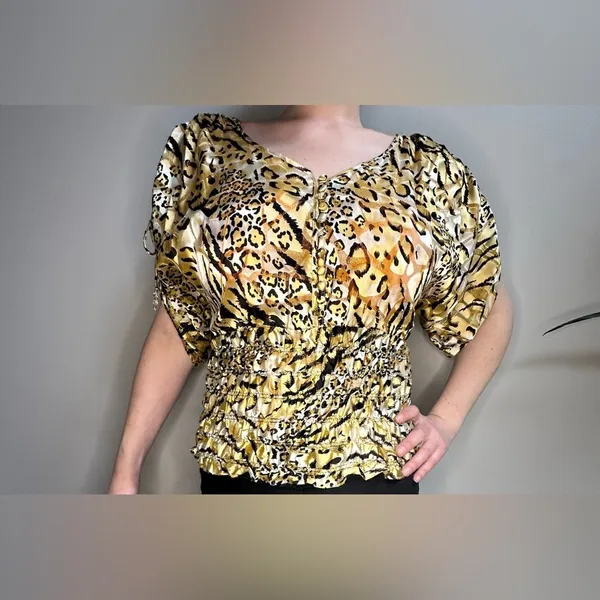 Cache Vintage 1980s Gold Cheetah Print Silk Dolman‎ Blouse Cinched Waist Women S - Image 3