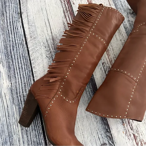 Vintage Nicole Genuine Leather Fringe Tall Heeled Boots​ - Image 5