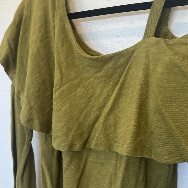 Anthropologie Postmark Olive‎ Green One Shoulder Ruffle Long Sleeve Top Shirt Sm - Image 6