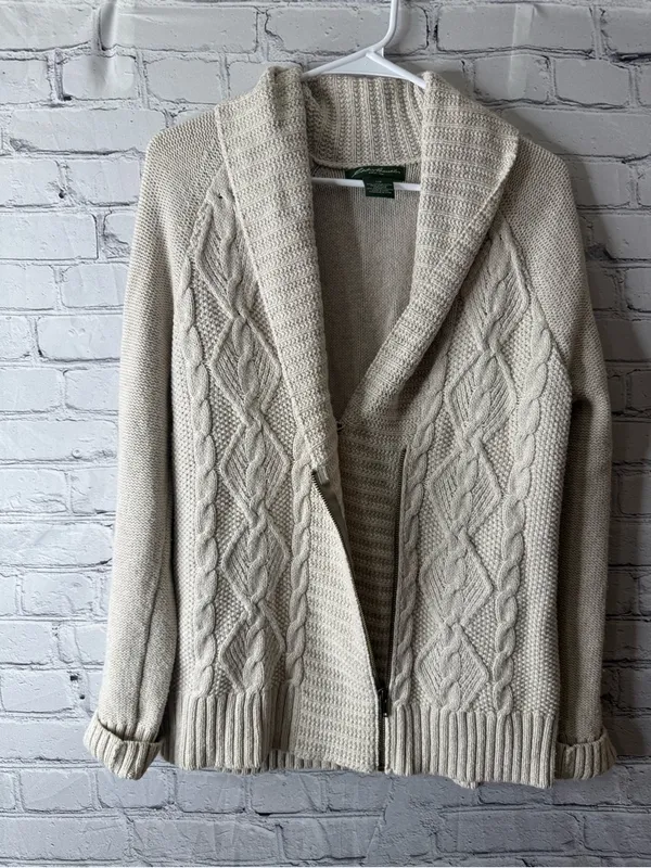 Eddie Bauer Cream Cable Knit Zip-Up Shawl Cardigan size large - Image 6