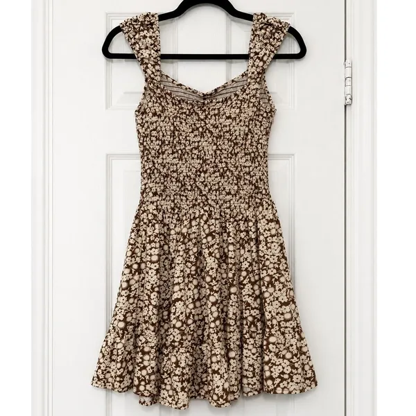 Urban Outfitters UO Georgina Smocked Knit Floral Mini Dress Brown Medium M - Image 3