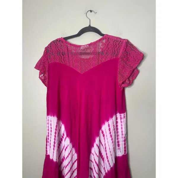 Pepper‎ Free Size Pink Dress Asymmetric Floral Tie Dye Lace Beachy Boho Hippie - Image 4