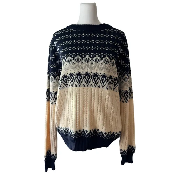 Vintage ‘90s KP Collection Ivory & Navy Fair Isle Pullover Unisex Sweater - Image 3