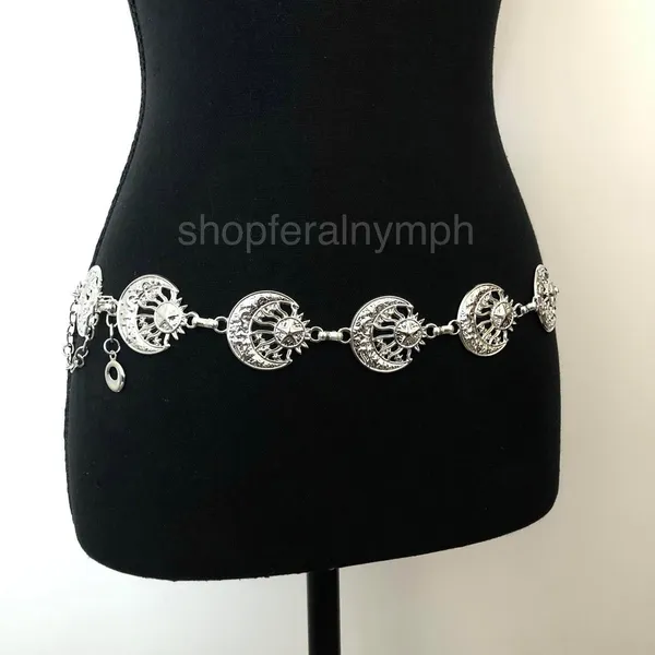 Vintage Y2K Celestial Silver Sun and Moon Chain Belt, 19.5–39 Inches, X7GA1149 - Image 4
