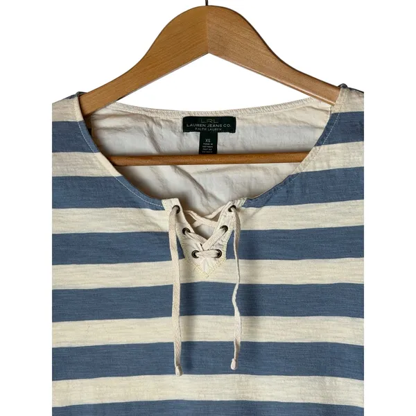 Lauren Ralph Lauren Top Women XS Blue White Lace Up Striped Knit Preppy Coastal - Image 6